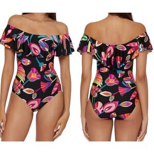 Trina Turk Luminary Ruffle One Piece Tropical Floral Print Swimsuit Size 10 NEW